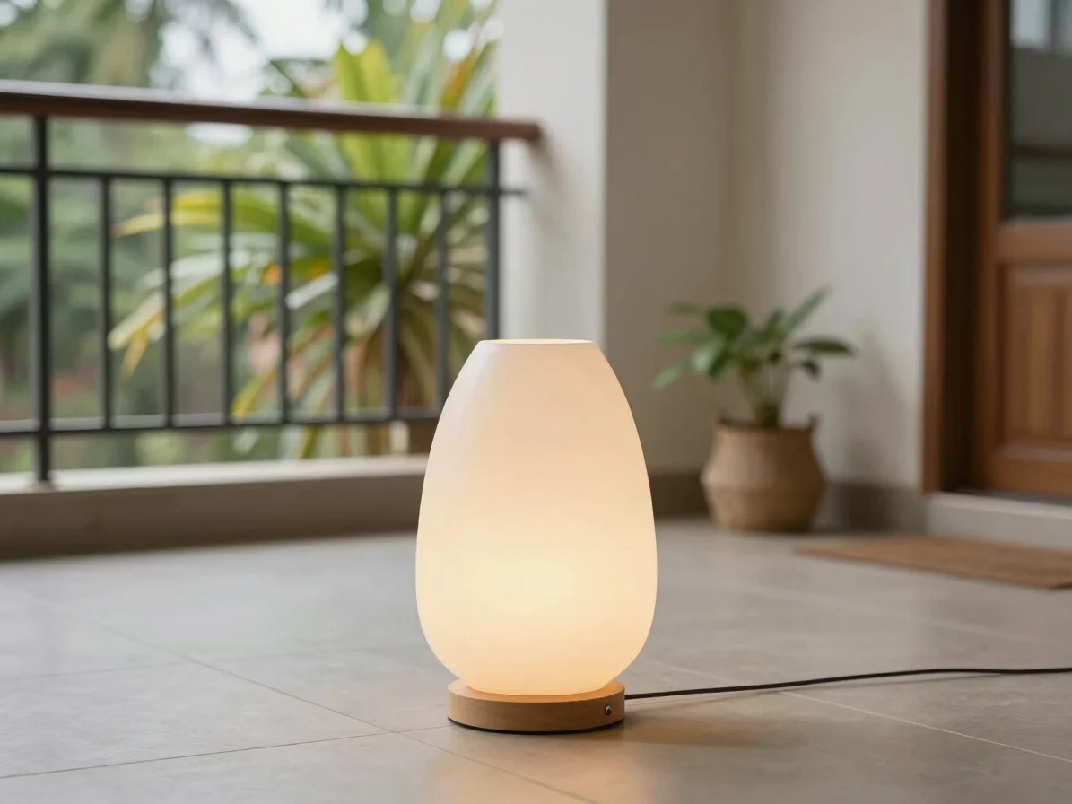 Wide environmental frame of a sculptural lamp on a tiled floor beside a balcony plant, filtered bright daylight, lived-i