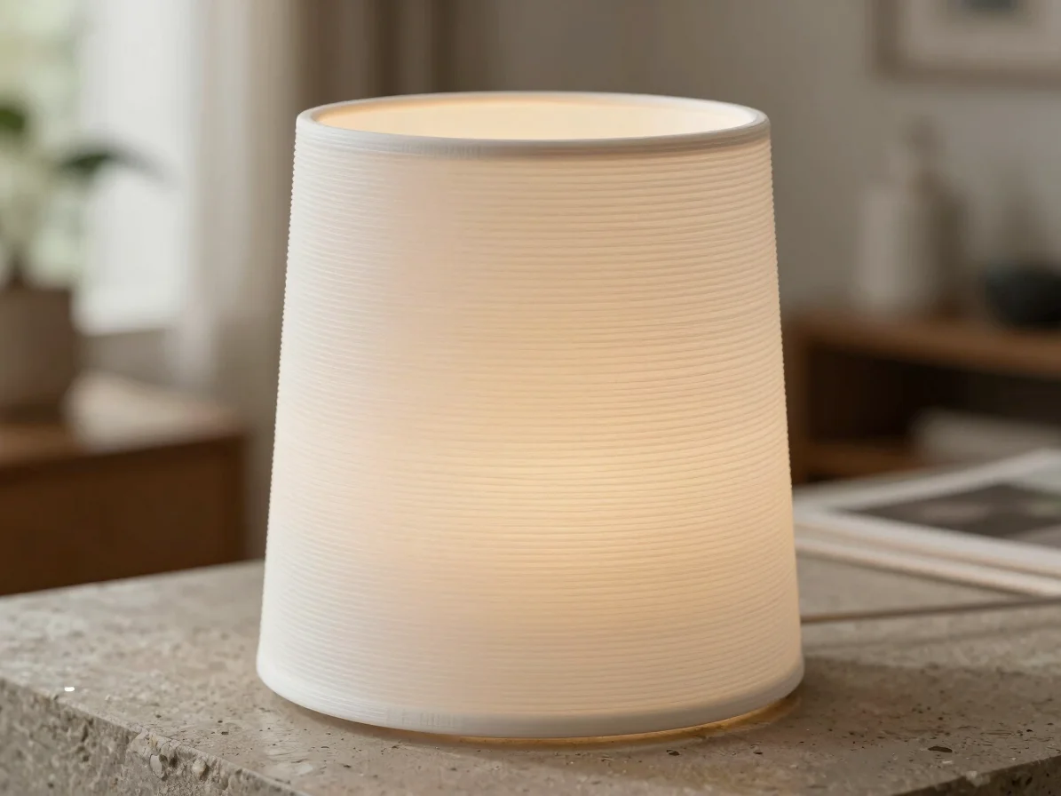 Macro close-up of a 3D-printed lamp shade showing fine layer lines and ribbed geometry, soft natural daylight, warm neut