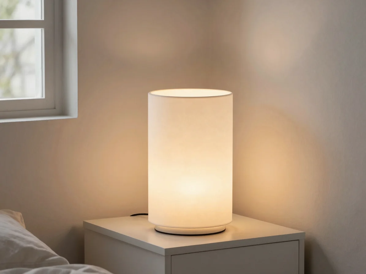 Unlit and glowing 3D-printed lamp in a bedroom corner, warm practical lamp light, painted walls and filtered morning day