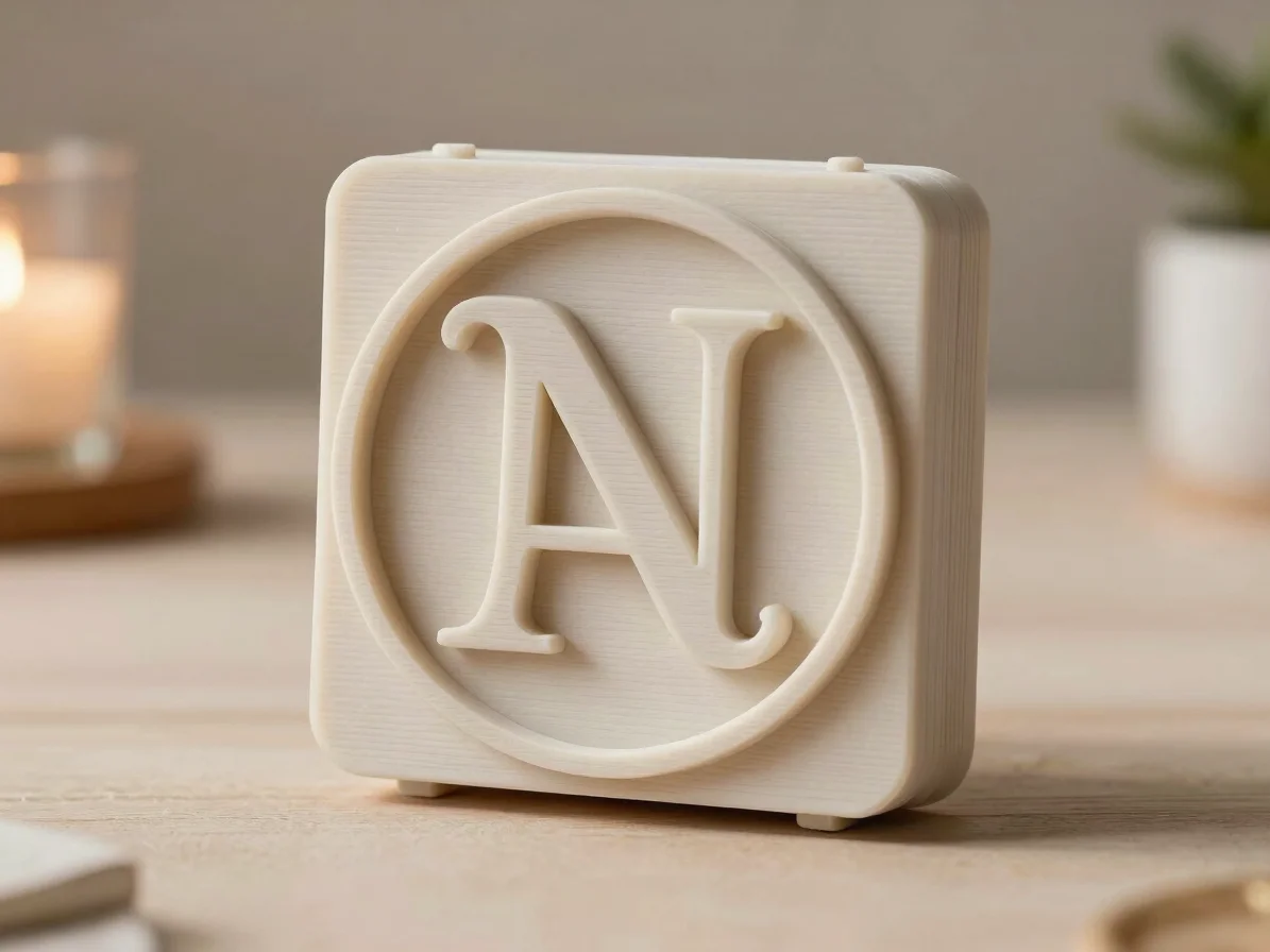 Close detail of a personalized 3D-printed gift object with a monogram in its surface, soft daylight, warm neutral tones,