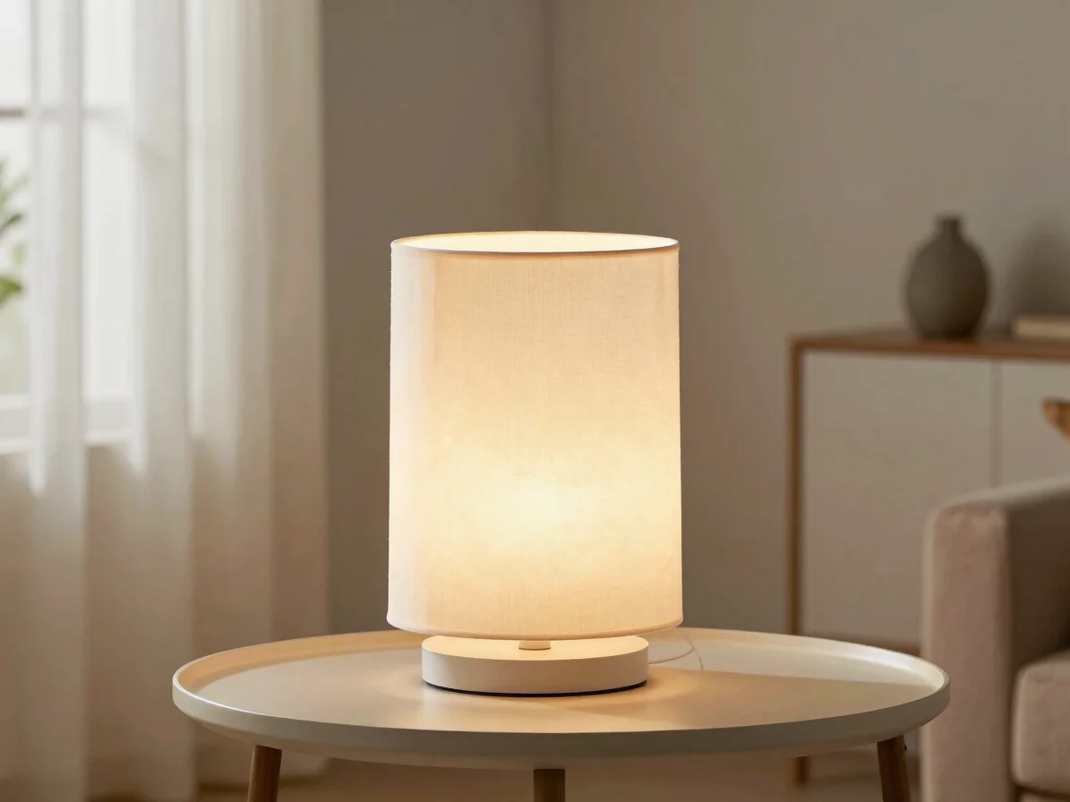 Editorial product photograph of a 3D-printed lamp shade glowing softly on a beige side table, warm practical light, soft