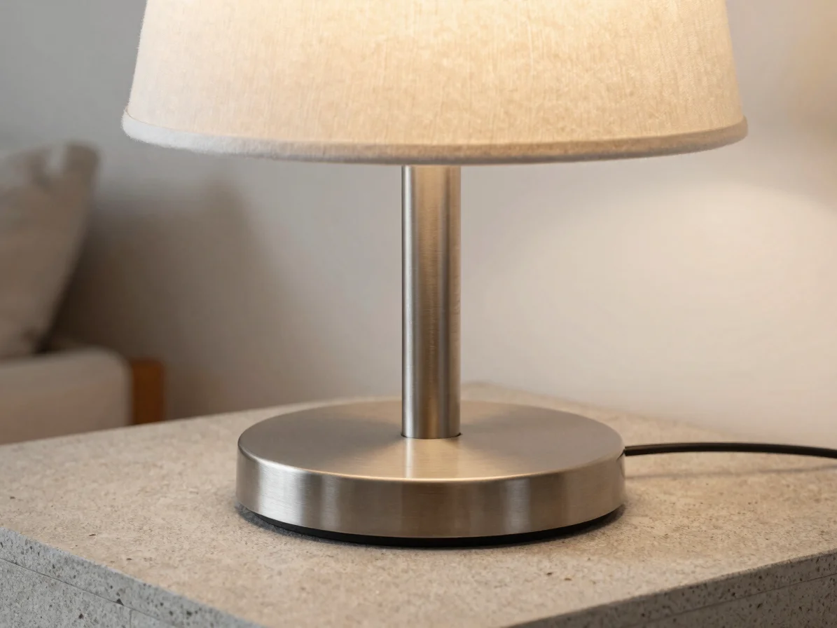 Close editorial detail of a lamp base and socket on a stone surface, soft natural daylight, warm neutral tones, crisp fo